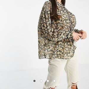 Mango MNG Sheer Floral Print Blouse Black and Cream Women's Top Size 4